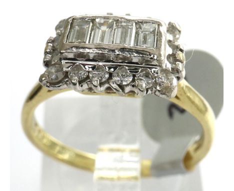 18ct gold diamond cluster ring with four central emerald cut diamonds, approximately 0.50ct, fully hallmarked, size M/N, 4.5g