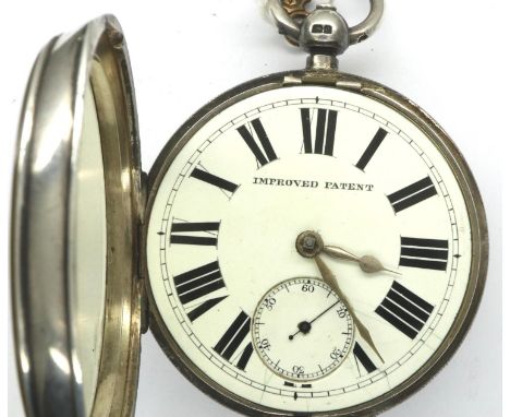 Hallmarked silver cased pocket watch, Chester assay, by Improved Patent, dial D: 60 mm, with key and working at lotting. P&am