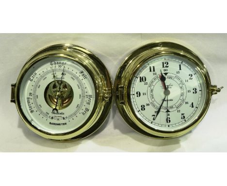 Nauticalia brass bound bulk head clock and a barometer, D: 15 cm. P&amp;P Group 2 (£18+VAT for the first lot and £3+VAT for s