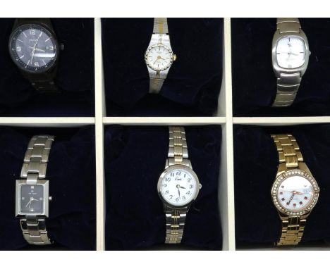 Six cased ladies wristwatches including Sekonda, Limit and Titan, working at lotting. P&amp;P Group 1 (£14+VAT for the first 