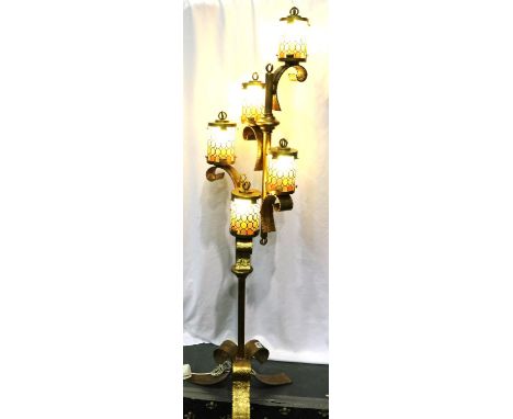 Large five light floor standing brass lamp, H: 160 cm. Not available for in-house P&amp;P 