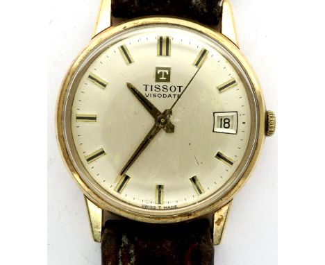 Tissot: Visidate 9ct gold gents wristwatch on a leather strap, working at lotting. P&amp;P Group 1 (£14+VAT for the first lot