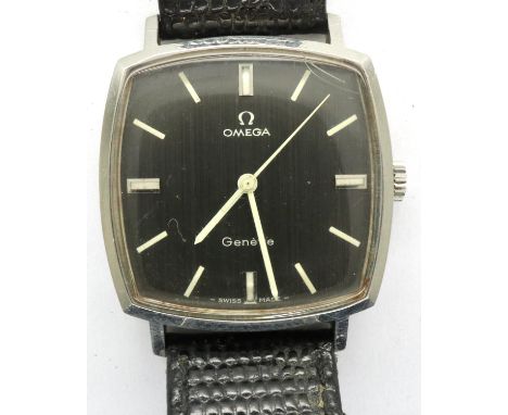 Omega: manual wind square black dial gents wristwatch with cal movement and a leather strap, not working at lotting. P&amp;P 