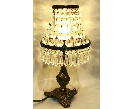 Brass lamp with glass lustre dome, H: 40 cm. All electrical items in this lot have been PAT tested for safety and have passed