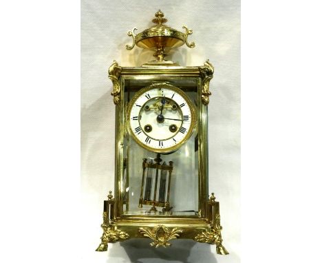 Enamel faced brass clock with key, pendulum striking to a bell, H: 36 cm. P&amp;P Group 3 (£25+VAT for the first lot and £5+V
