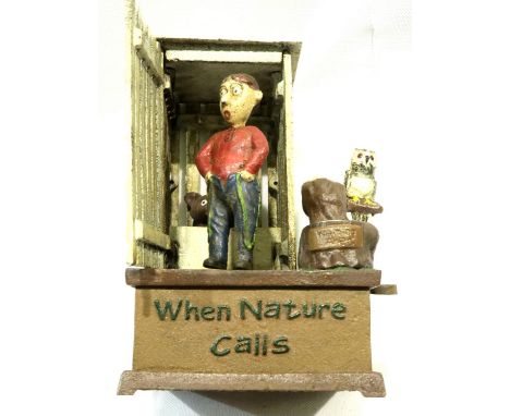 When Nature Calls cast iron money box, H: 19 cm. P&amp;P Group 2 (£18+VAT for the first lot and £3+VAT for subsequent lots) 