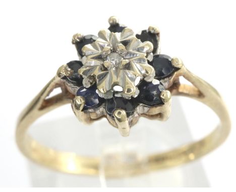 9ct gold flower ring set with sapphires and diamonds, size O, 1.6g. P&amp;P Group 1 (£14+VAT for the first lot and £1+VAT for