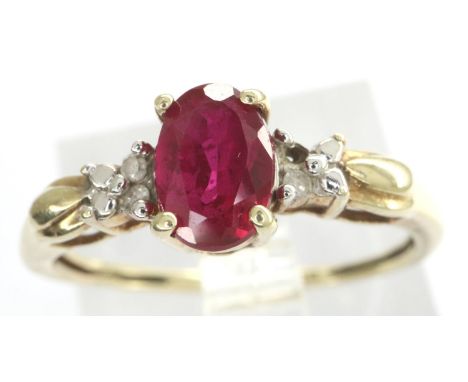 9ct gold ring set with ruby and diamonds, size K, 1.2g. P&amp;P Group 1 (£14+VAT for the first lot and £1+VAT for subsequent 