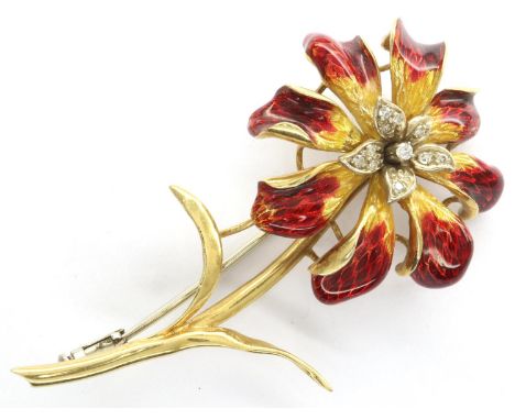 18ct gold, enamel and diamond flower brooch, L: 55 mm, 10.9g. P&amp;P Group 1 (£14+VAT for the first lot and £1+VAT for subse