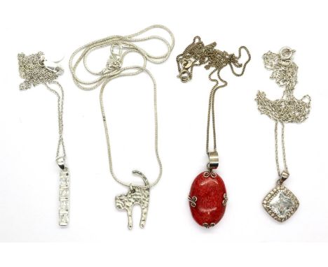 Four 925 silver pendant necklaces including a stone set example, largest chain L: 60 cm. P&amp;P Group 1 (£14+VAT for the fir