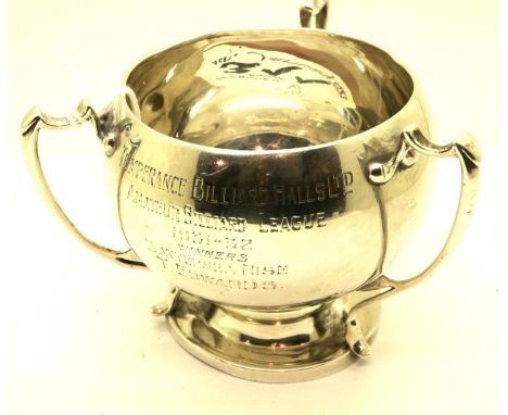 Hallmarked silver tri-handled Billiard League trophy from 1932, Birmingham assay, H: 80 mm, 144g. Light scratch marks and sma