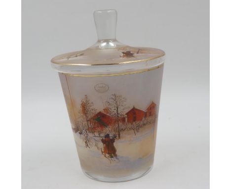 Goebel covered glass jar, featuring Carl Casson printed design, Girl With Sledge, H: 22cm. Not available for in-house P&amp;P