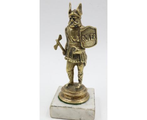 Rover Viking car mascot in brass, Model 9 (1922-1928), mounted on marble plinth, overall H: 16cm. UK P&amp;P Group 1 (£16+VAT