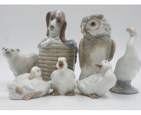 Lladro and Nao ducks, geese, animals and an owl (7), no cracks or chips. UK P&amp;P Group 3 (£30+VAT for the first lot and £8