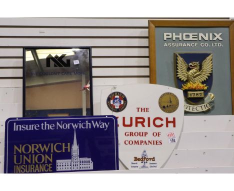 Three vintage insurance company signs, including Norwich Union, Phoenix and Zurich examples. Not available for in-house P&amp