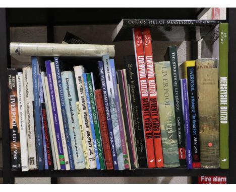 Shelf of mixed Liverpool and Merseyside related books. Not available for in-house P&amp;P 