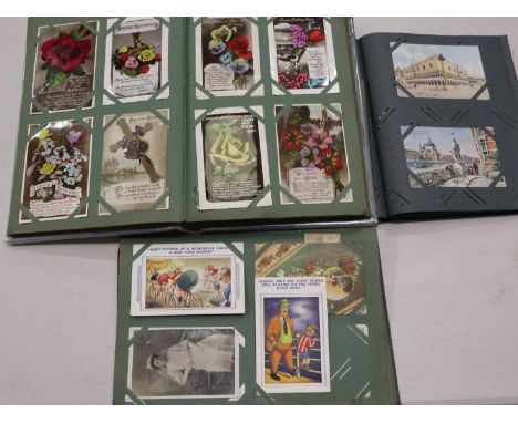 Three albums of vintage postcards, approximately 400 total. Not available for in-house P&amp;P