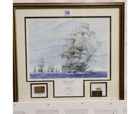 Steven Arch (20th century): artist signed limited edition print, HMS Victory 113/1805, mounted with oak and copper from the v