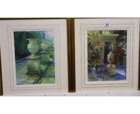 Alexander Creswell (b. 1957): pair of watercolours, Stancombe Park Egyptian Arch, and Urns at the Villa Lante, each signed LL