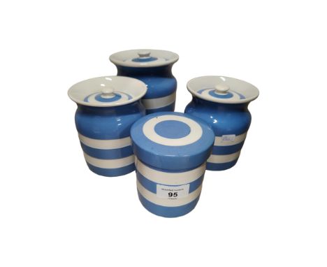 3 T G GREEN LIDDED JARS AND 1 CADDY 