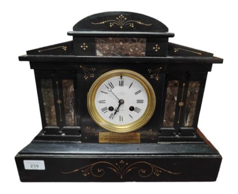 ANTIQUE SLATE MANTLE CLOCK WORKING WITH KEY AND PENDULUM 