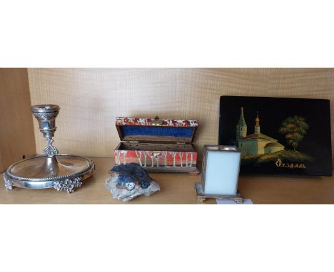 A Russian hand painted lacquer box along with a silver plated chamber stick, hand painted box and brass and milk glass match 