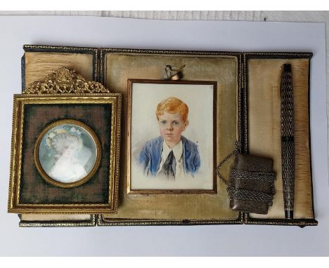Two 19th century watercolour miniature portraits, one of a young boy in leather case and a silver vesta case and vintage foun
