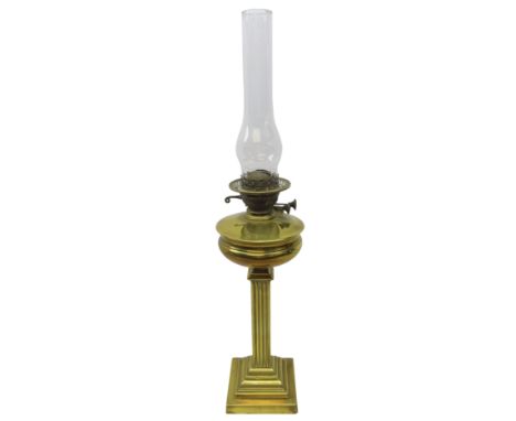 Late Victorian brass oil lamp, of corinthium column form on stepped square base, H47cm  Condition Report Click here for furth
