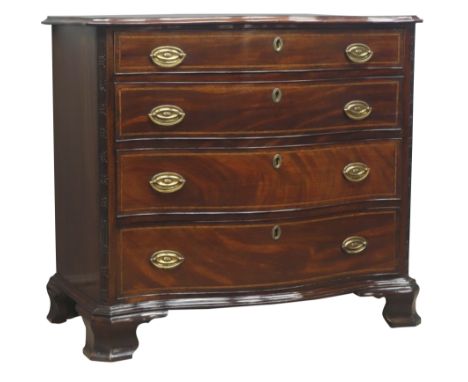 Early 19th century mahogany serpentine front chest, moulded top above four long graduated cockbeaded drawers outlined with ch