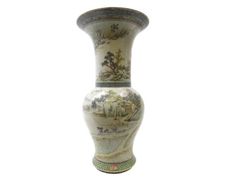 Chinese Qing Dynasty baluster vase painted in famille verte enamels with continuous lakeside landscape scene depicting schola