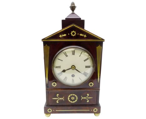 Small William lV brass inlaid mahogany architectural cased mahogany bracket clock with 12cm circular Roman dial, single fusee
