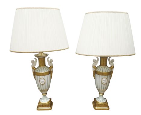 Pair Italian porcelain table lamps by Giulia Mangani, of Neo-classical urn form, winged female mask handles, painted with ban