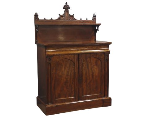 Victorian mahogany Gothic Revival chiffonier, raised shelf back with shaped cresting on pierced scroll supports, base with co