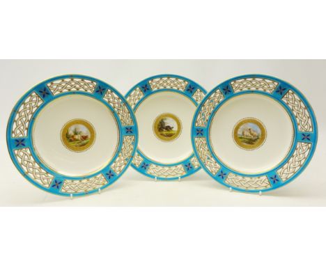 Set of three late Victorian Minton cabinet plates hand painted with cattle and sheep by Henry Mitchell within a turquoise Cel