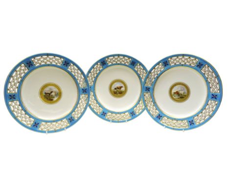 Set of three late Victorian Minton cabinet plates hand painted with cattle in a moorland landscape by Henry Mitchell within a