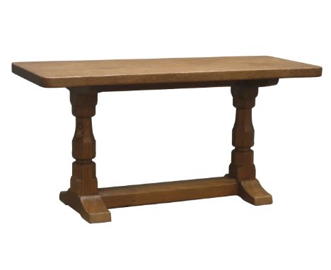 'Mouseman' oak rectangular coffee table with adzed top, carved with signature mouse, by Robert Thompson of Kilburn, 91cm x 38