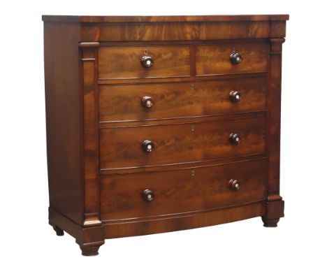 Victorian figured mahogany bow front chest, a frieze, two short and three drawers, with turned rosewood handles, enclosed by 