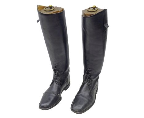 Pair of Regent black leather Riding Boots, size 12 with seven lace holes, last E4313, with three piece wooden shoe trees, and