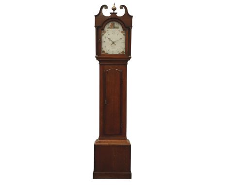 Early 19th century oak and mahogany banded longcase clock, hood with swan neck pediment with turned finial, enamel dial paint