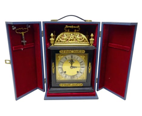 `The Golden Jubilee Clock` a William and Mary style ebonised  basket top table clock by F.W. Elliott, Croydon distributed by 