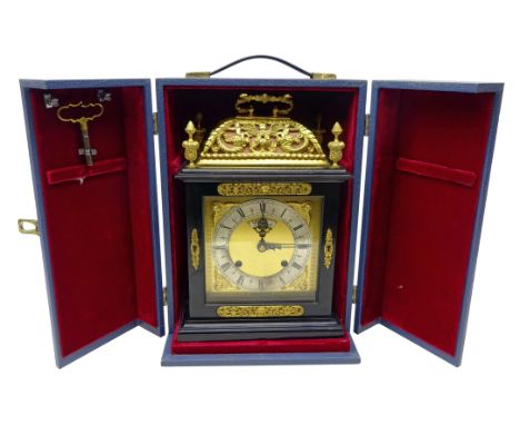 `The Golden Jubilee Clock` a William and Mary style ebonised  basket top table clock by F.W. Elliott, Croydon distributed by 