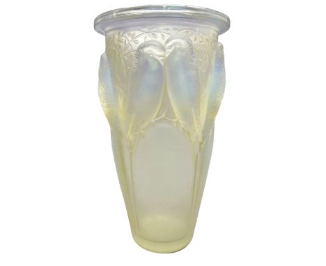 René Lalique (French, 1860-1945) Opalescent glass vase 'Ceylan' No.905, moulded in relief with pairs of Budgerigars perched o