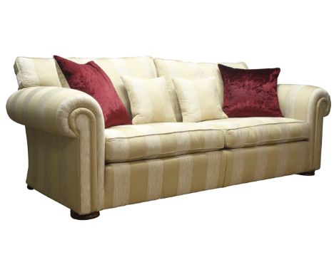 Duresta Waldorf Grande three-seat sofa with scroll arms, upholstered in Ivory striped fabric with scatter cushions, W244cm, H