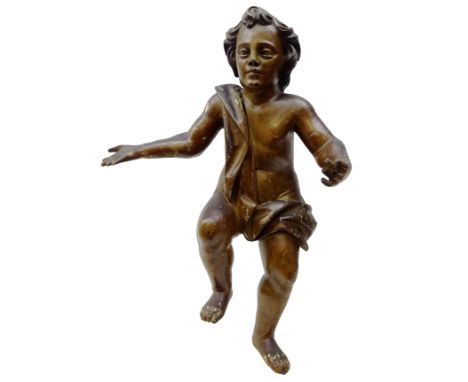 19th century carved wood, gesso and painted figure of a young boy, in a seated position with his arms outstretched draped wit