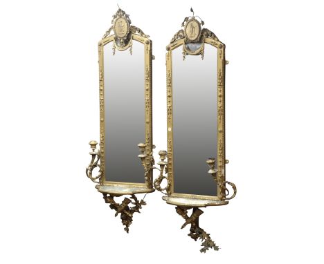 Pair of Edwardian Chippendale style giltwood & gesso Girandole mirrors, arched plates with bead and drapery cresting, two scr