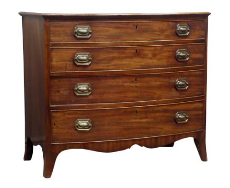 Early 19th century bow front mahogany chest of four graduating drawers, shaped apron with splayed bracket feet, W101cm, H89cm