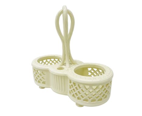 19th century creamware two bottle cruet stand, with pierced sides, rope-twist handle and four bobbin feet, H20cm  Condition R