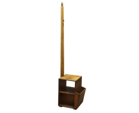 'Lizardman' oak stand and standard lamp, with magazine rack and shelves, carved with signature lizard by Martin Dutton (ex Mo