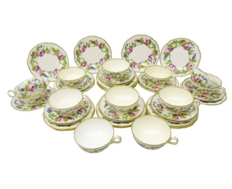 Early 20th century Minton part tea set, hand painted by J. Colclough with roses amongst foliage on plain ground within a gild