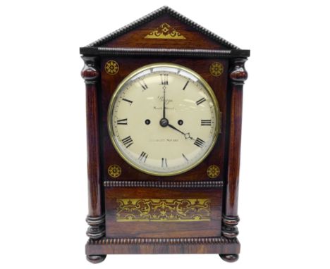 William IV brass inlaid rosewood and simulated rosewood Architectural cased bracket clock, 20cm circular convex Roman dial in